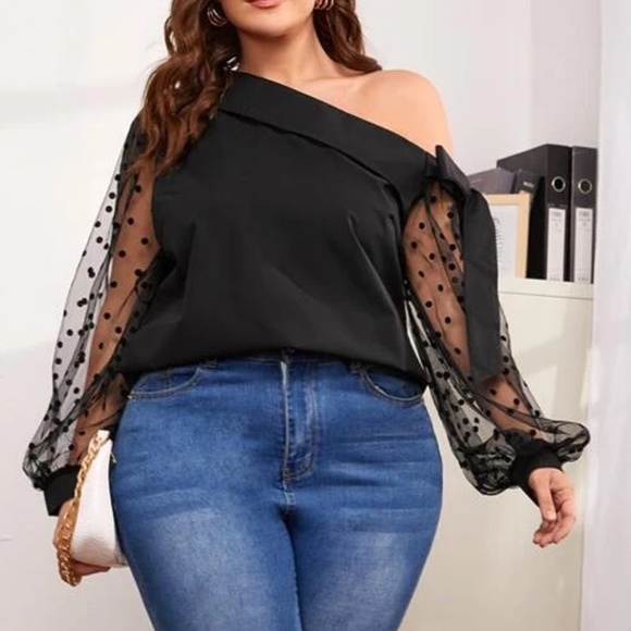 Tops - Plus Black Polka Dot One Shoulder Sheer Sleeve Blouse